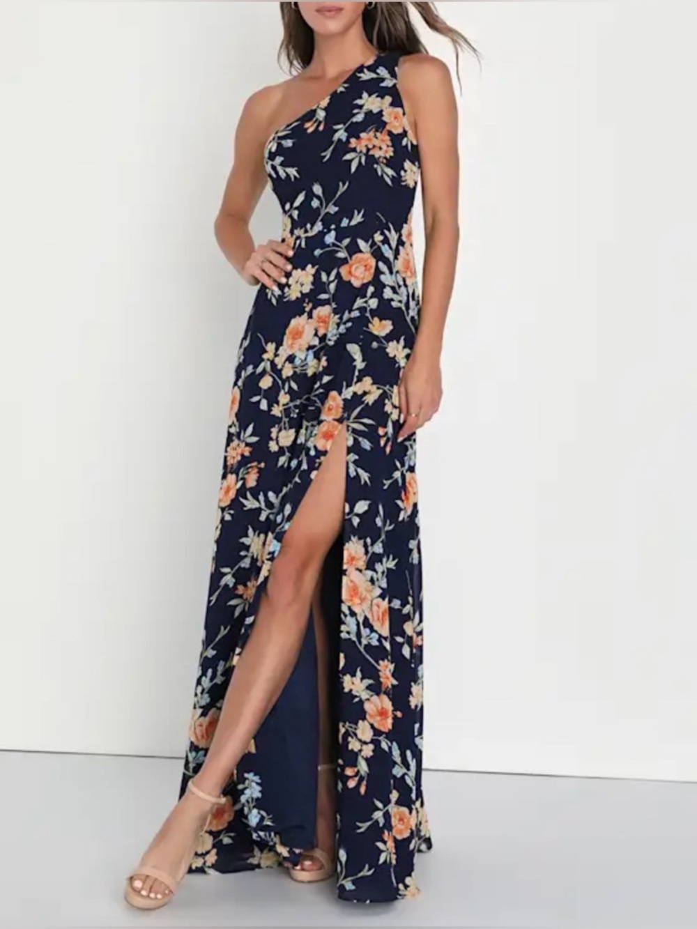 Lulus NWT “Elegant Admiration” Navy Blue Floral One-Shoulder Maxi Dress. Medium.